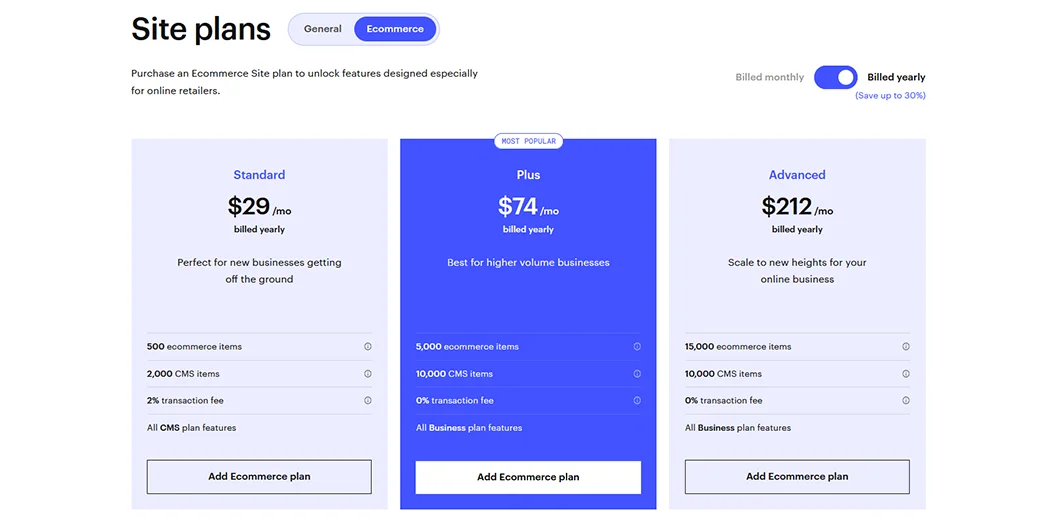 Cennik pakietów sklepowych Webflow Ecommerce Site plans z planami Standard, Plus i Advanced