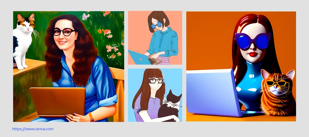 Kolaż czterech ilustracji z kotami i kobietami pracującymi na laptopach, stworzony w Canva.