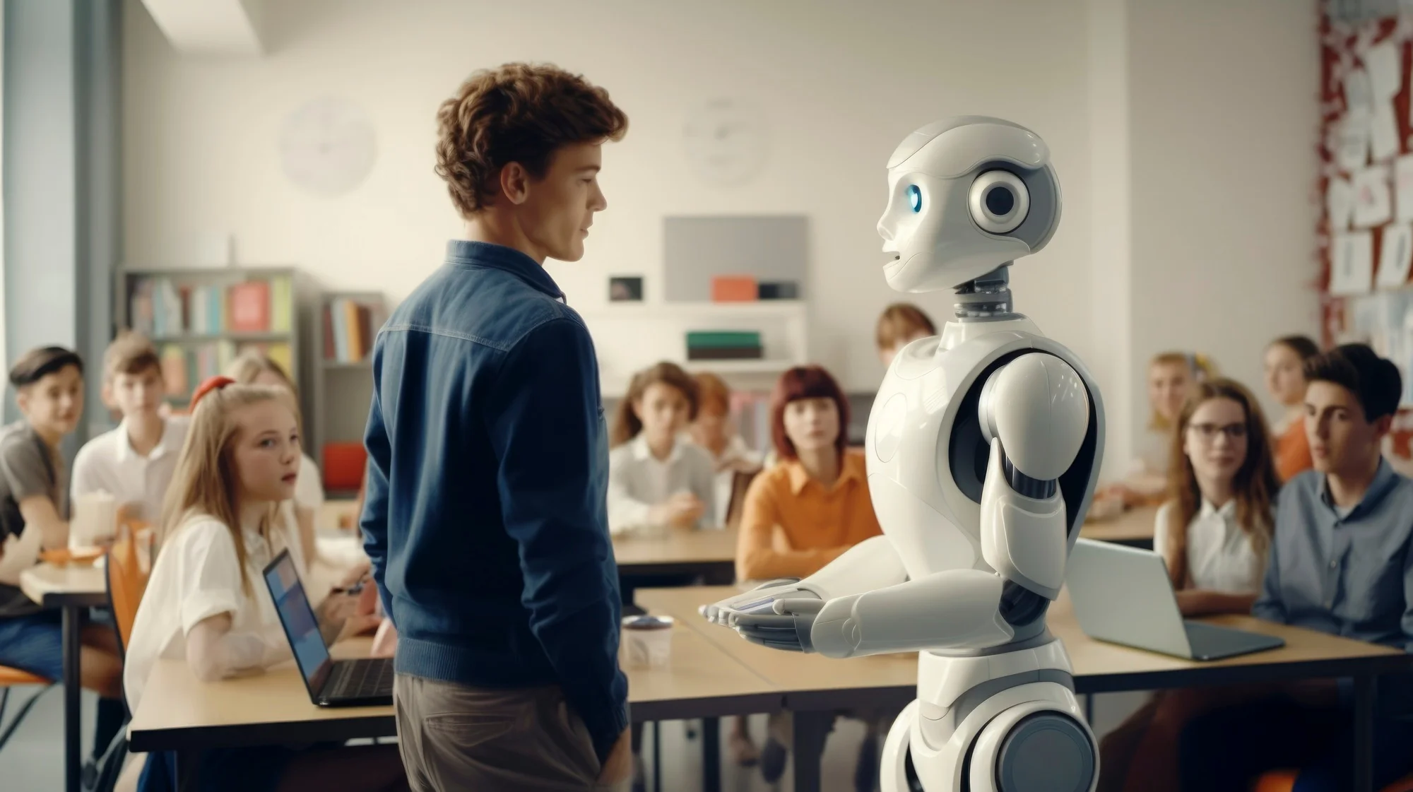 Biały robot humanoid rozmawia z uczniem w klasie szkolnej w obecności innych dzieci.