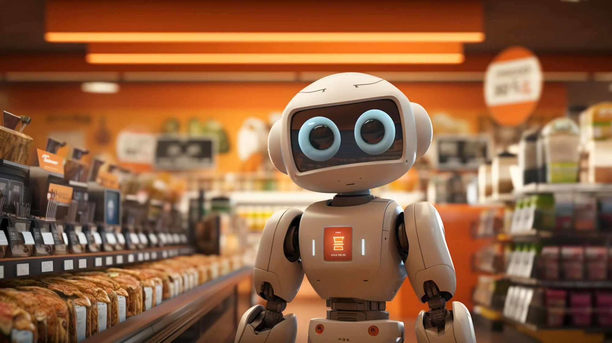 Robot AI w sklepie spożywczym stojący przy półkach z produktami i wspierający obsługę klientów.