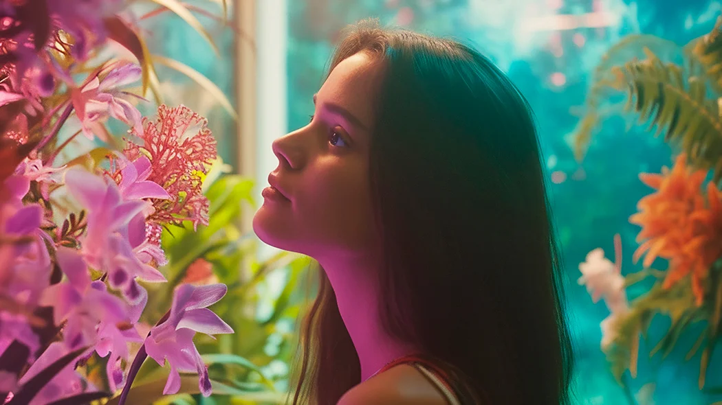 Portret z profilu młodej kobiety o ciemnych włosach, która z bliska ogląda różowe i fioletowe orchidee. Tło wypełniają egzotyczne rośliny, a cała scena jest oświetlona kinowym, neonowym światłem w odcieniach różu, turkusu i zieleni.