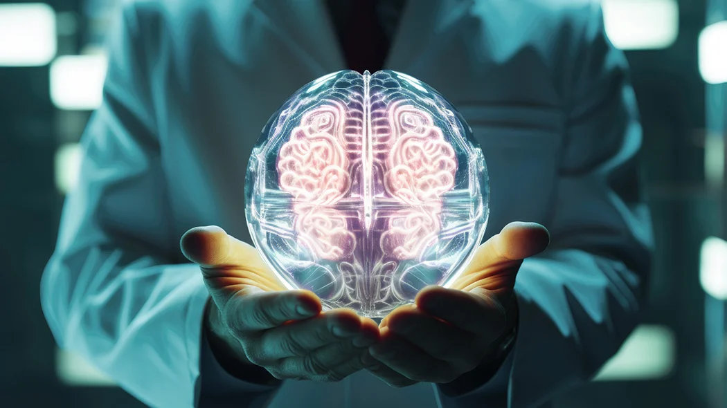 Lekarz w białym kitlu trzyma w otwartych dłoniach świecący, przezroczysty model ludzkiego mózgu. Zarys struktur neurologicznych i półkul mózgowych emanuje jasnym, różowo-białym światłem na ciemnoniebieskim, laboratoryjnym tle.