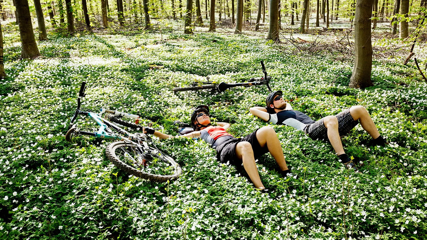 mąż i żona na wycieczce rowerowej kobieta i mężczyzna odpoczywają w lesie po przejechaniu szlaku rowerowego