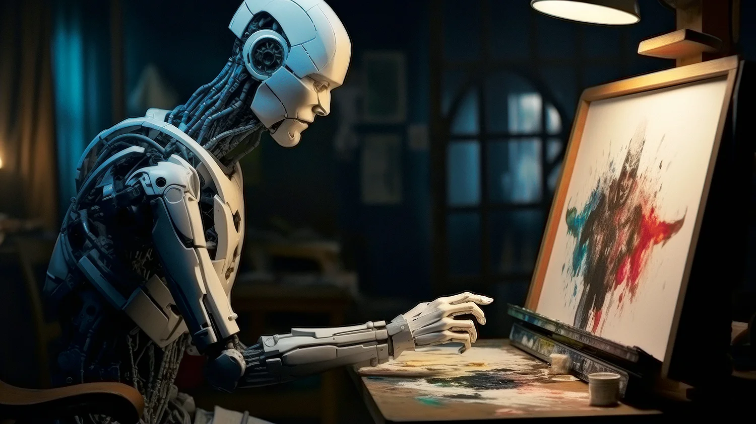 Obraz malowany przez robota Inteligentny robot maluje autoportret palcami na białym płótnie z wykorzystaniem koloru zielonego i czerwonego.
