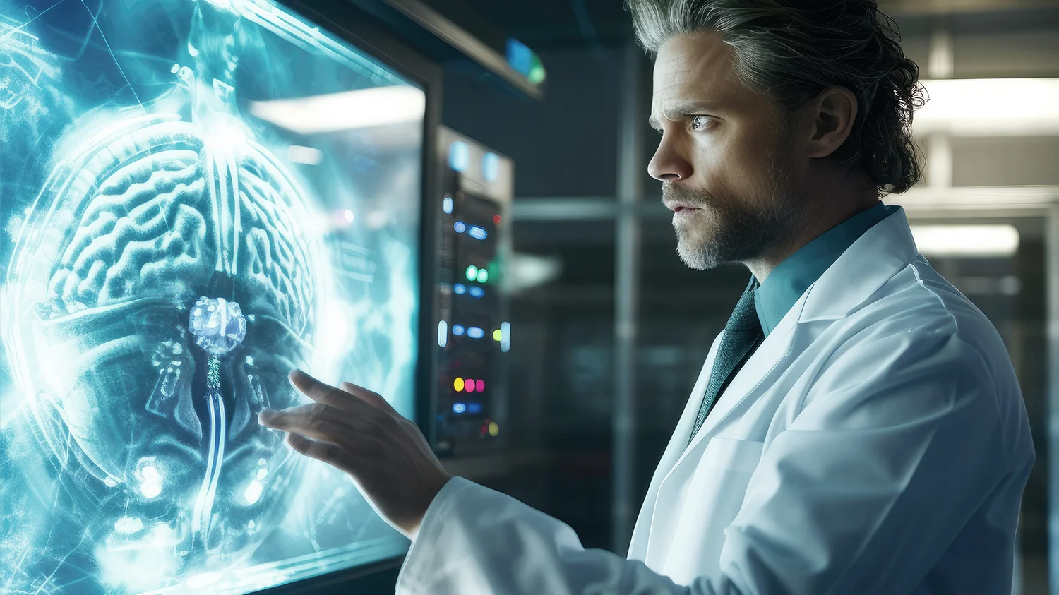 Naukowiec w białym kicie bada interaktywny, świecący niebieski skan ludzkiego mózgu na futurystycznym ekranie w laboratorium neurobiologii.