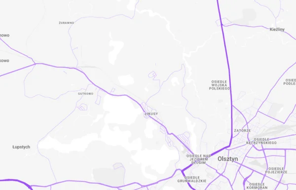 Mapa z zaznaczonymi obszarami i drogami Olsztyna