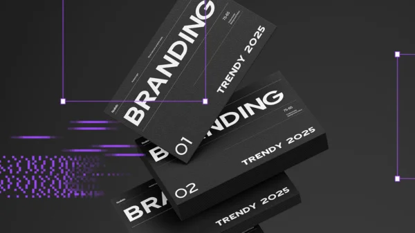 Nowoczesna grafika przedstawiająca czarne karty z napisem „Branding – Trendy 2025” na ciemnym tle z fioletowymi akcentami cyfrowymi.