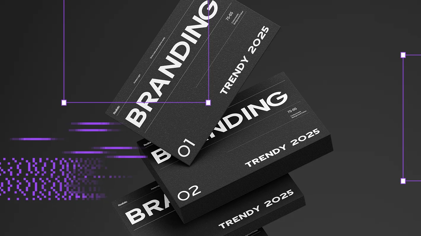 Nowoczesna grafika przedstawiająca czarne karty z napisem „Branding – Trendy 2025” na ciemnym tle z fioletowymi akcentami cyfrowymi.