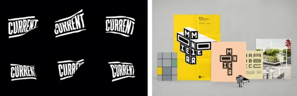 Z lewej dynamiczne wariacje logo 'CURRENT' z efektem falowania na czarnym tle, z prawej zestaw materiałów brandingowych Monier z geometrycznym, kostkowym logo na pastelowo-żółtym tle.