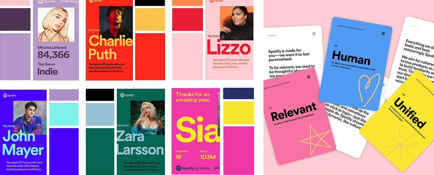 Kolorowa identyfikacja wizualna Spotify z grafikami artystów, zasadami projektowymi i dynamiczną typografią