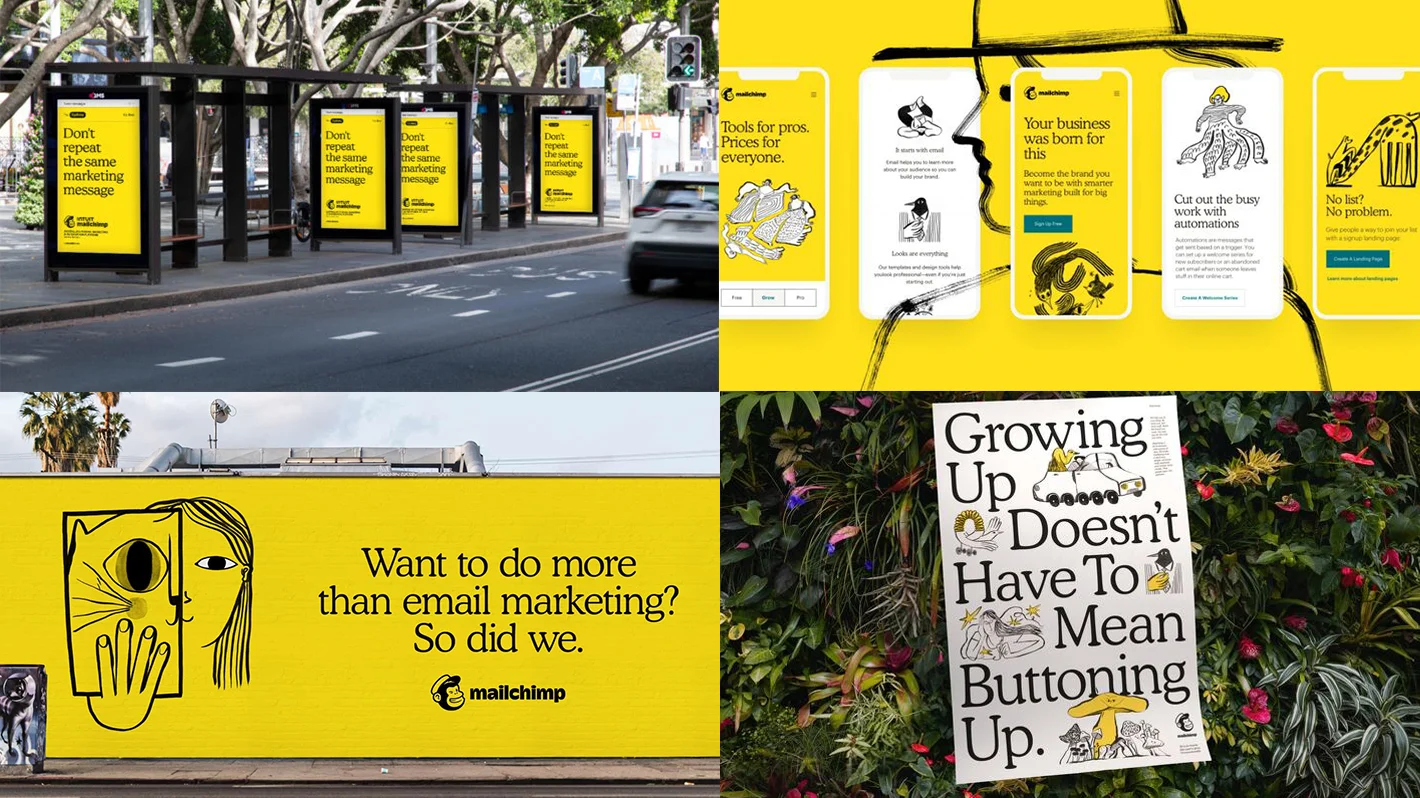 Kampania reklamowa Mailchimp z żółtym tłem, czarną czcionką i zabawnymi, ręcznie rysowanymi ilustracjami, widoczna na plakatach, billboardach i ekranach telefonów