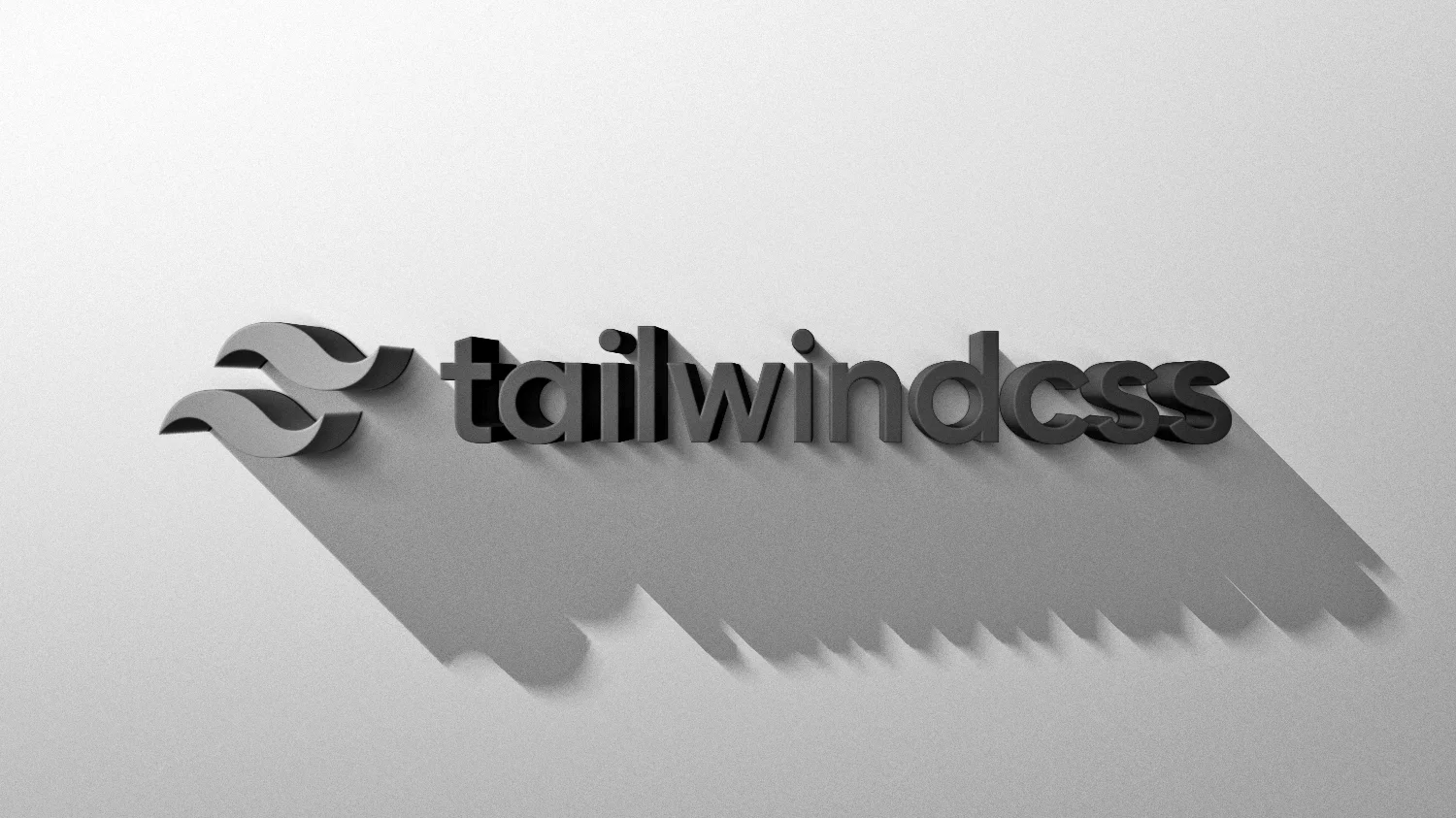 Tailwind CSS – logo frameworka do tworzenia interfejsów Logo frameworka Tailwind CSS w formie trójwymiarowego napisu z cieniem na jasnym tle