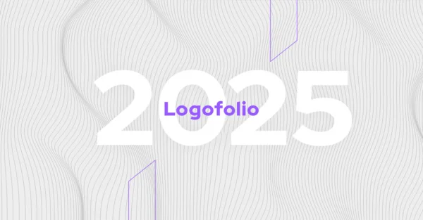 Grafika z napisem ‘2025 Logofolio’ na tle z falistym, monochromatycznym wzorem oraz delikatnymi geometrycznymi liniami