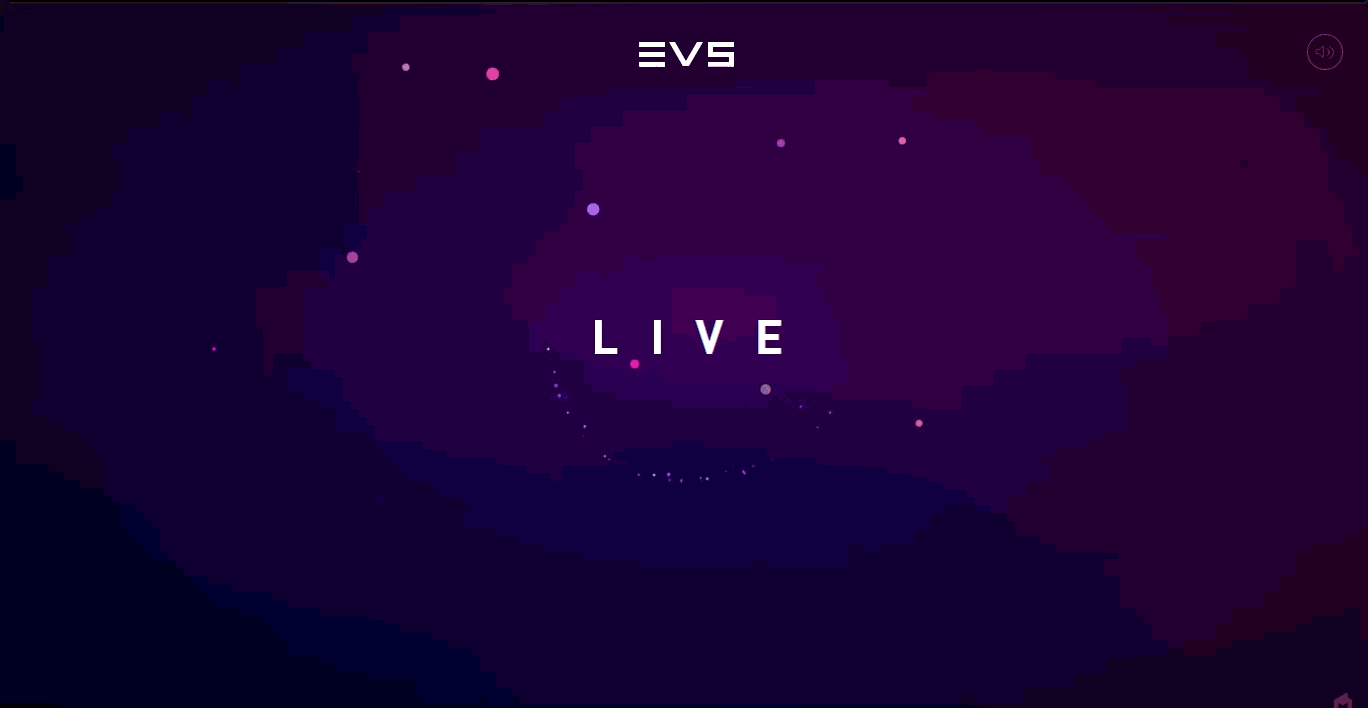 Ciemny animowany ekran startowy strony internetowej EVS LIVE z fioletową kosmiczną przestrzenią i cząsteczkami