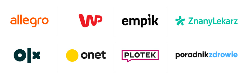 Zestawienie logotypów popularnych polskich portali i serwisów internetowych: Allegro, WP, Empik, ZnanyLekarz, OLX, Onet, Plotek oraz Poradnik Zdrowie.
