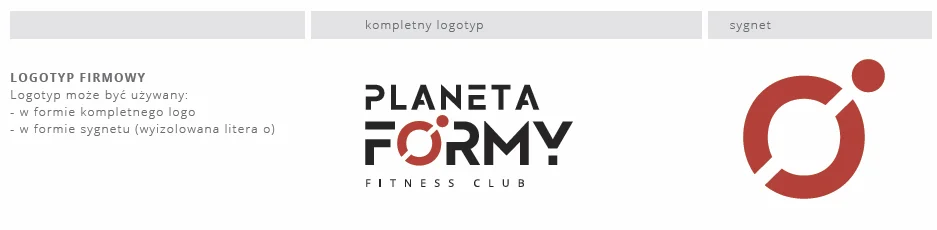 Fragment księgi znaku prezentujący logotyp firmowy Planeta Formy Fitness Club w wersji kompletnej oraz jako sygnet z wyizolowaną literą o