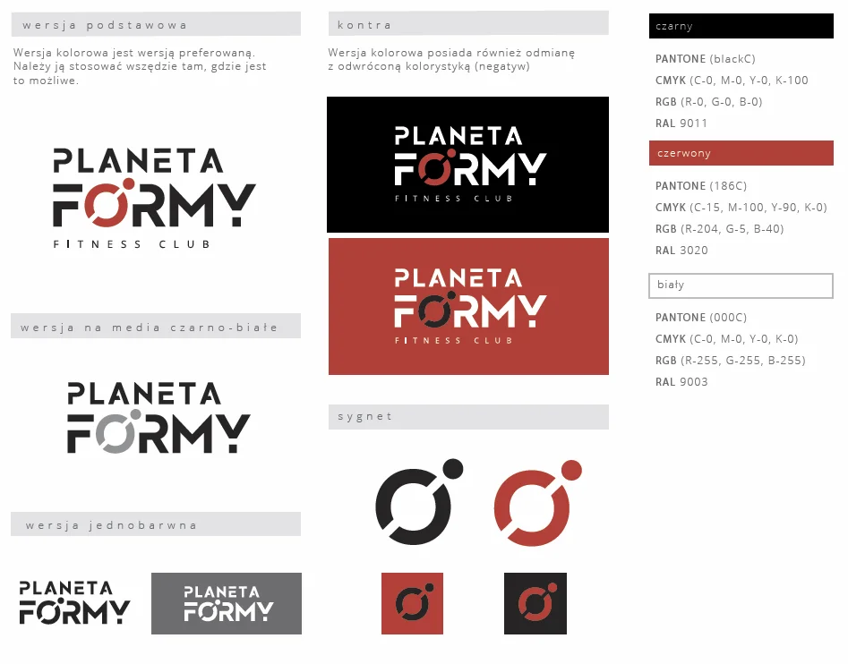 Księga znaku klubu fitness Planeta Formy przedstawiająca wersję podstawową logo, wersje na media czarno-białe, kontrę oraz paletę kolorów Pantone, CMYK i RGB