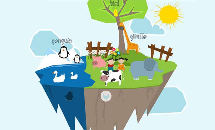 Kolorowa ilustracja edukacyjna dla dzieci przedstawiająca pływającą wyspę z pingwinami, krową, słoniem i żyrafą