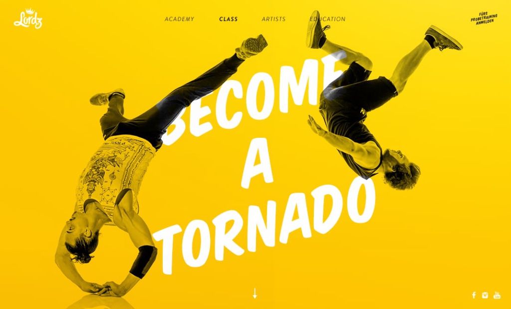 Dynamiczna grafika strony internetowej szkoły tańca Lordz, przedstawiająca dwóch tancerzy wykonujących akrobacje na intensywnie żółtym tle z hasłem „BECOME A TORNADO”