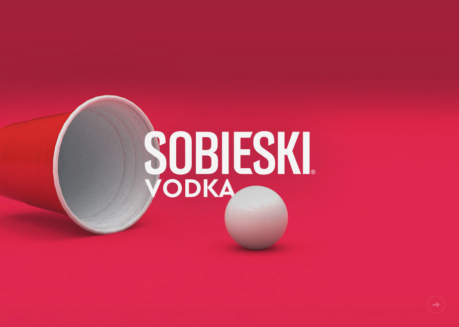 Reklamowa grafika marki Sobieski Vodka przedstawiająca czerwony kubek typu "beer pong" oraz białą piłeczkę na intensywnie czerwonym tle