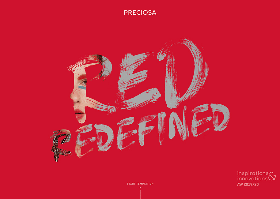 Grafika promocyjna Preciosa z hasłem „RED REDEFINED” oraz artystyczną typografią, obok której widoczny jest fragment twarzy kobiety