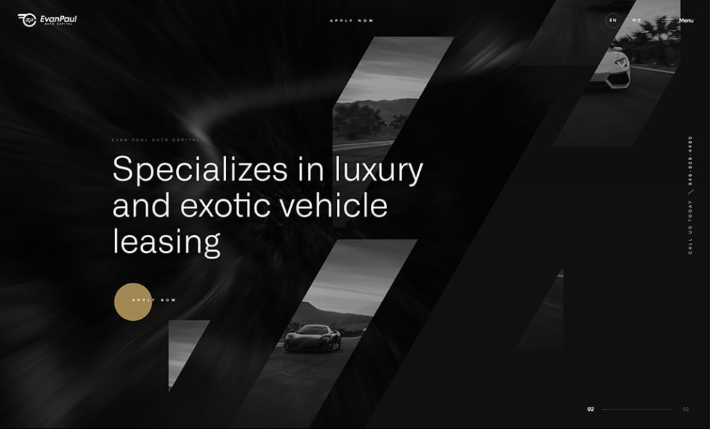 Ciemna strona internetowa firmy leasingowej Evan Paul Auto Capital specjalizującej się w leasingu luksusowych i sportowych aut