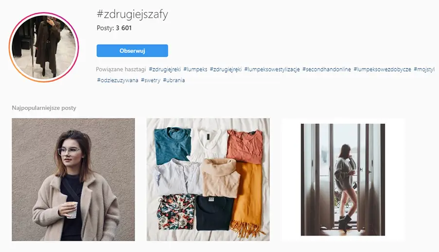 Zrzut ekranu z profilu na Instagramie z hasztagiem zdrugiejszafy, pokazujący zdjęcia ubrań z second handu i modne stylizacje vintage