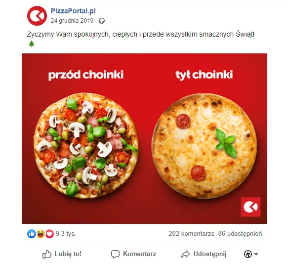 Świąteczny post PizzaPortal na Facebooku z grafiką porównującą dwie pizze jako przód choinki bogaty w składniki i tył choinki z ubogim dodatkiem pepperoni