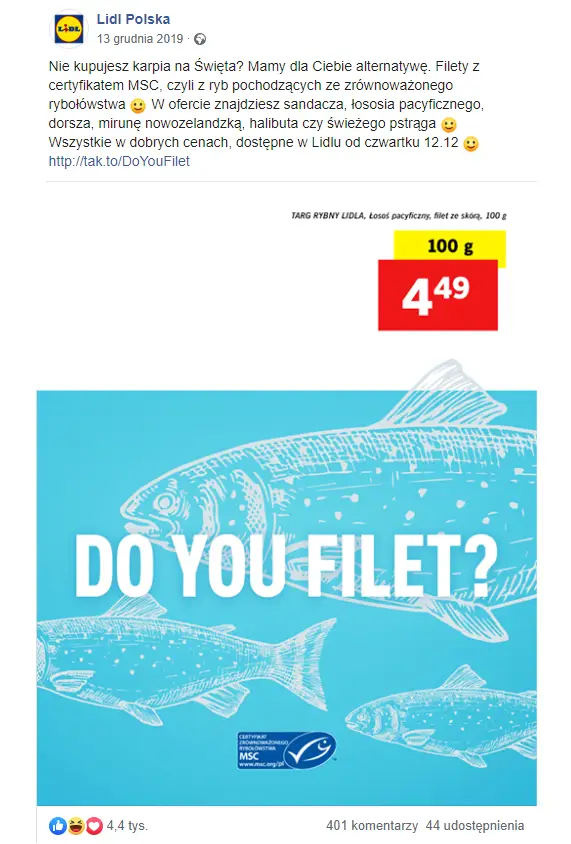 Gazetka promocyjna Lidl na Facebooku przedstawiająca ofertę na ryby z certyfikatem MSC, grafikę z napisem Do You Filet i cenę za łososia pacyficznego