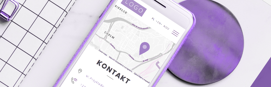 Mobilny projekt strony WWW salonu kosmetycznego z widokiem mapy i danych kontaktowych na smartfonie