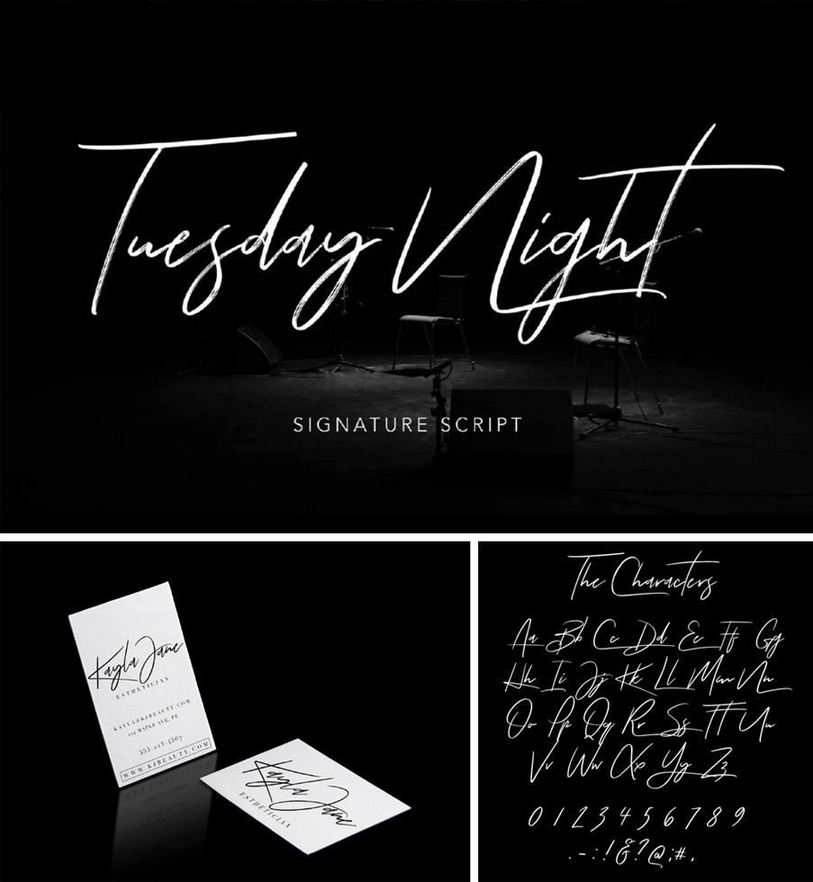 Elegancka, ręcznie pisana czcionka Tuesday Night Signature Script na czarnym tle z makietą wizytówki
