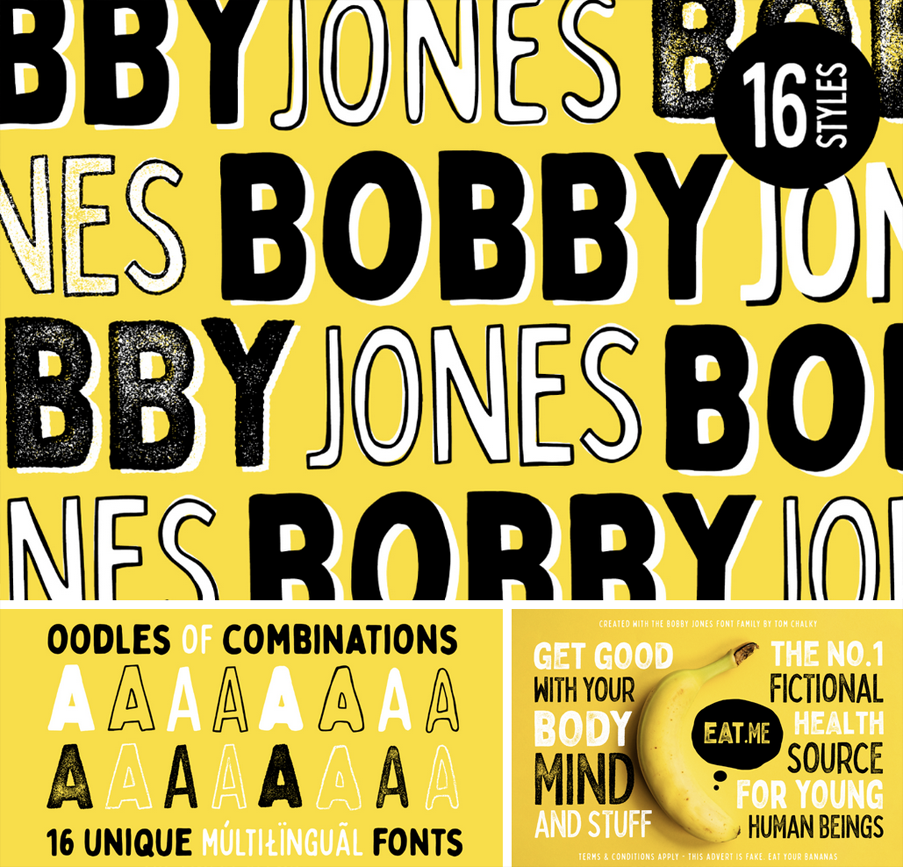 Zabawna, gruba czcionka Bobby Jones, prezentacja 16 odmian pisma na jaskrawożółtym tle z bananem