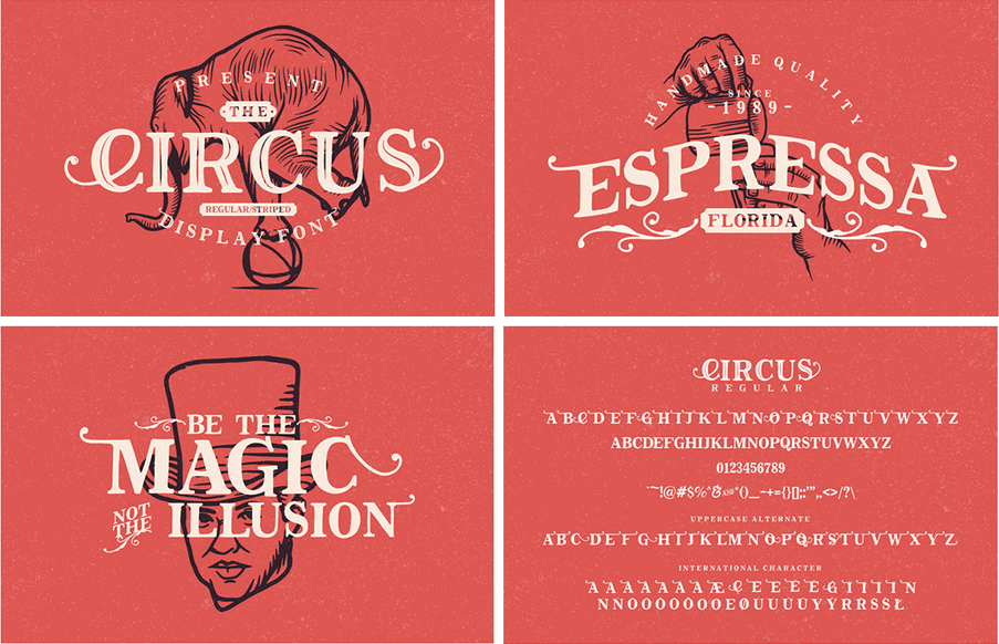 Ozdobne czcionki w stylu vintage Circus oraz Espressa na czerwonym, teksturowanym tle