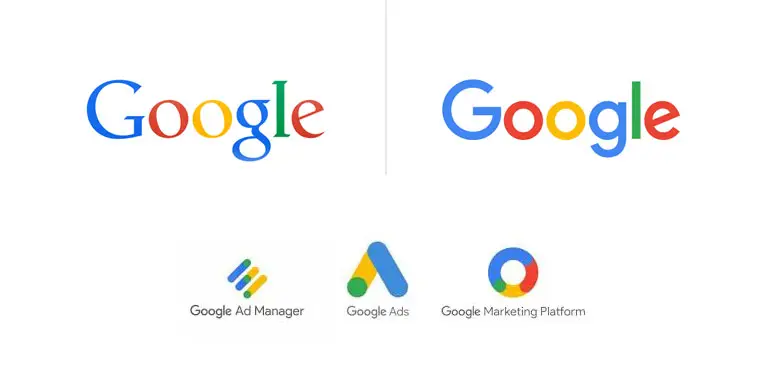 Grafika prezentująca ekosystem marek Google. W górnej części ewolucja głównego logo Google (starsza i nowsza wersja). W dolnej części logo usług: Google Ad Manager, Google Ads oraz Google Marketing Platform.