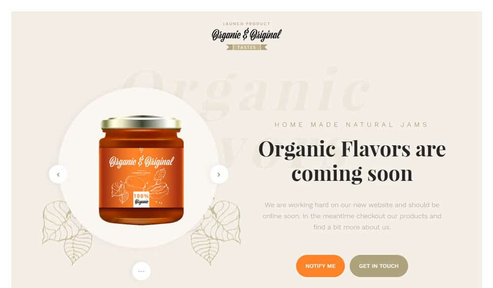 Strona zapowiadająca nową markę naturalnych dżemów Organic & Original z słoikiem dżemu morelowego na jasnym tle