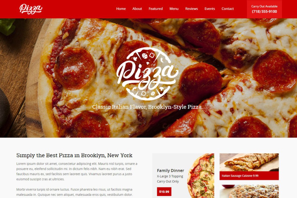 Strona internetowa pizzerii w Brooklynie oferującej klasyczną pizzę w stylu nowojorskim, z widocznym menu „Family Dinner” i cenami produktów