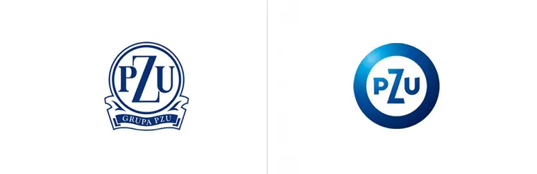 Porównanie logo PZU. Z lewej historyczne logo Grupy PZU z ozdobnym wieńcem i napisem "Grupa PZU" na dole. Z prawej uproszczone, nowoczesne logo PZU w niebieskim kole.