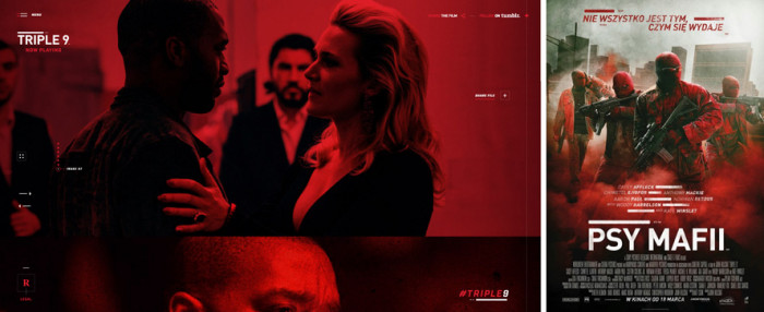 Zestawienie graficzne z filmu „Triple 9” (w Polsce pod tytułem „Psy Mafii”), zawierające kadr z dwiema osobami oraz plakat filmowy z uzbrojonymi postaciami w czerwonej kolorystyce