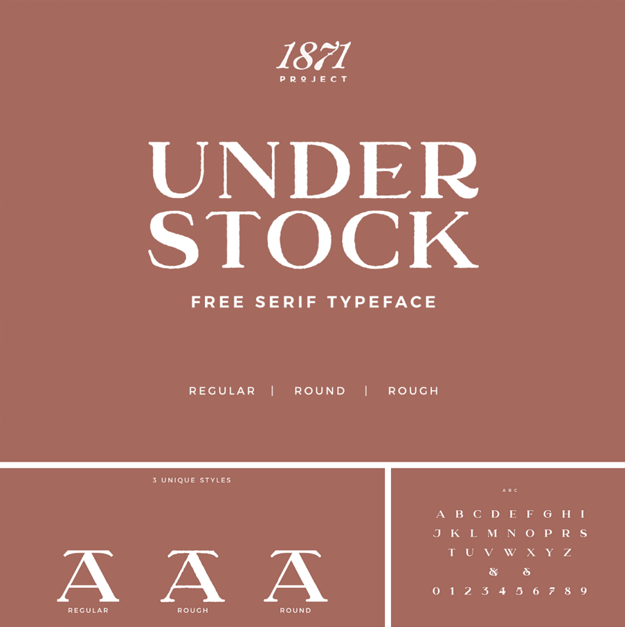 Klasyczny krój szeryfowy Under Stock prezentujący odmiany pisma regular, rough oraz round na brązowym tle