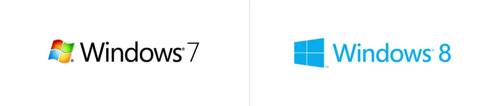 Ewolucja logo Windows. Z lewej logo Windows 7 z kolorową, powiewającą flagą i czarnym tekstem. Z prawej płaskie, jednokolorowe (niebieskie) logo Windows 8 z tekstem w tym samym odcieniu.