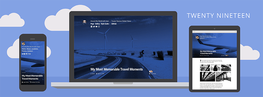 Podgląd motywu WordPress Twenty Nineteen wyświetlany na ekranie laptopa, tabletu i smartfona