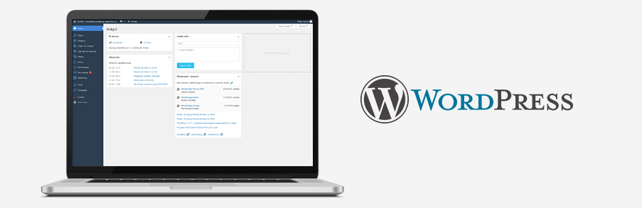 Kokpit zarządzania stroną internetową w systemie WordPress na ekranie laptopa obok oficjalnego logo