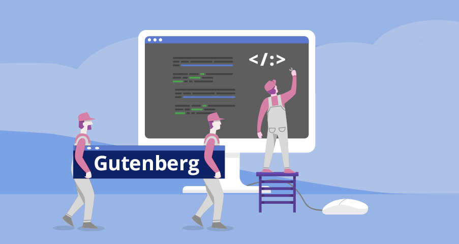 Ilustracja przedstawiająca programistów budujących stronę internetową na WordPressie z użyciem edytora Gutenberg