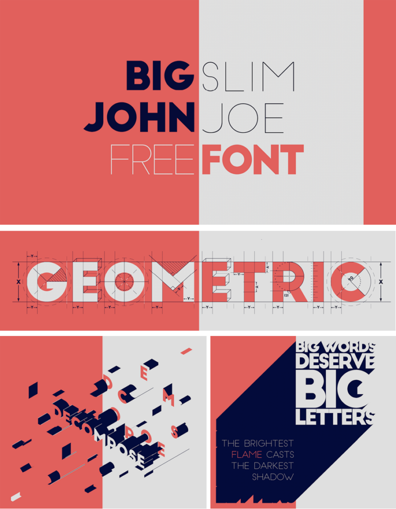 Geometryczna czcionka bezszeryfowa Big John i Slim Joe w wersji grubej i bardzo cienkiej na kontrastowym tle