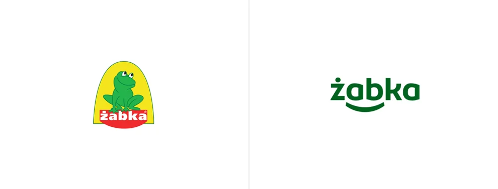 Grafika porównująca zmiany logo Żabka i Provident. Górna część pokazuje ewolucję logo Żabka z zieloną żabą na żółtym tle na rzecz nowoczesnego, typograficznego logo.