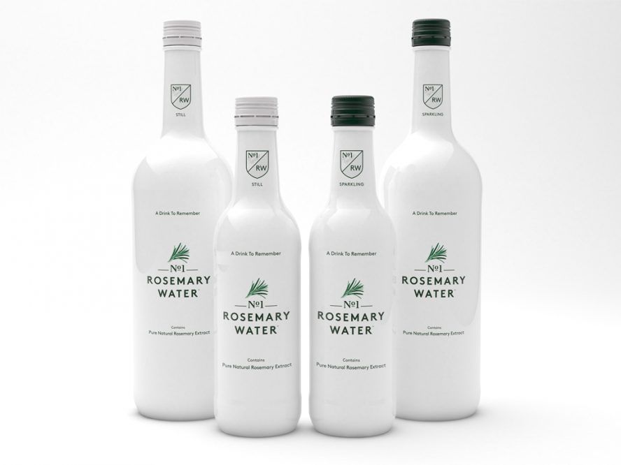 Białe, szklane butelki wody gazowanej i niegazowanej No1 Rosemary Water z zielonym logo