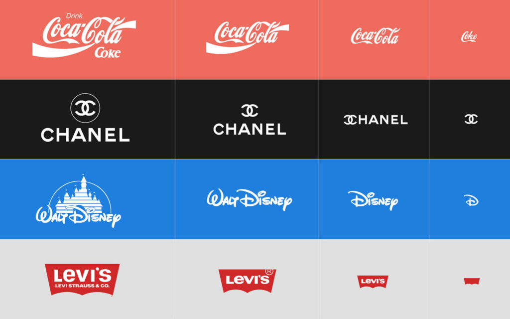 Przykłady responsywnych logo znanych marek Coca-Cola, Chanel, Disney i Levi's w różnych rozmiarach
