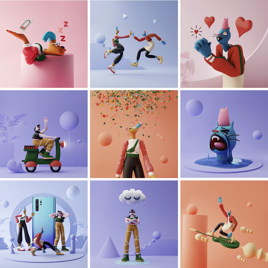 Siatka dziewięciu kwadratowych, trójwymiarowych ilustracji 3D przedstawiających różne postacie i emocje w pastelowych kolorach