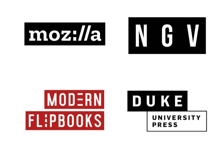 Przykłady nowoczesnych, geometrycznych logo firm Mozilla, NGV, Modern Flipbooks oraz Duke University Press