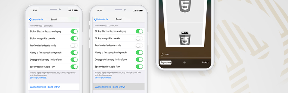 Grafik przedstawia trzy ekrany iPhone'a pokazujące ustawienia prywatności przeglądarki Safari w języku polskim. Pierwszy i drugi ekran przedstawiają menu 'Prywatność i ochrona' z włączonymi przełącznikami